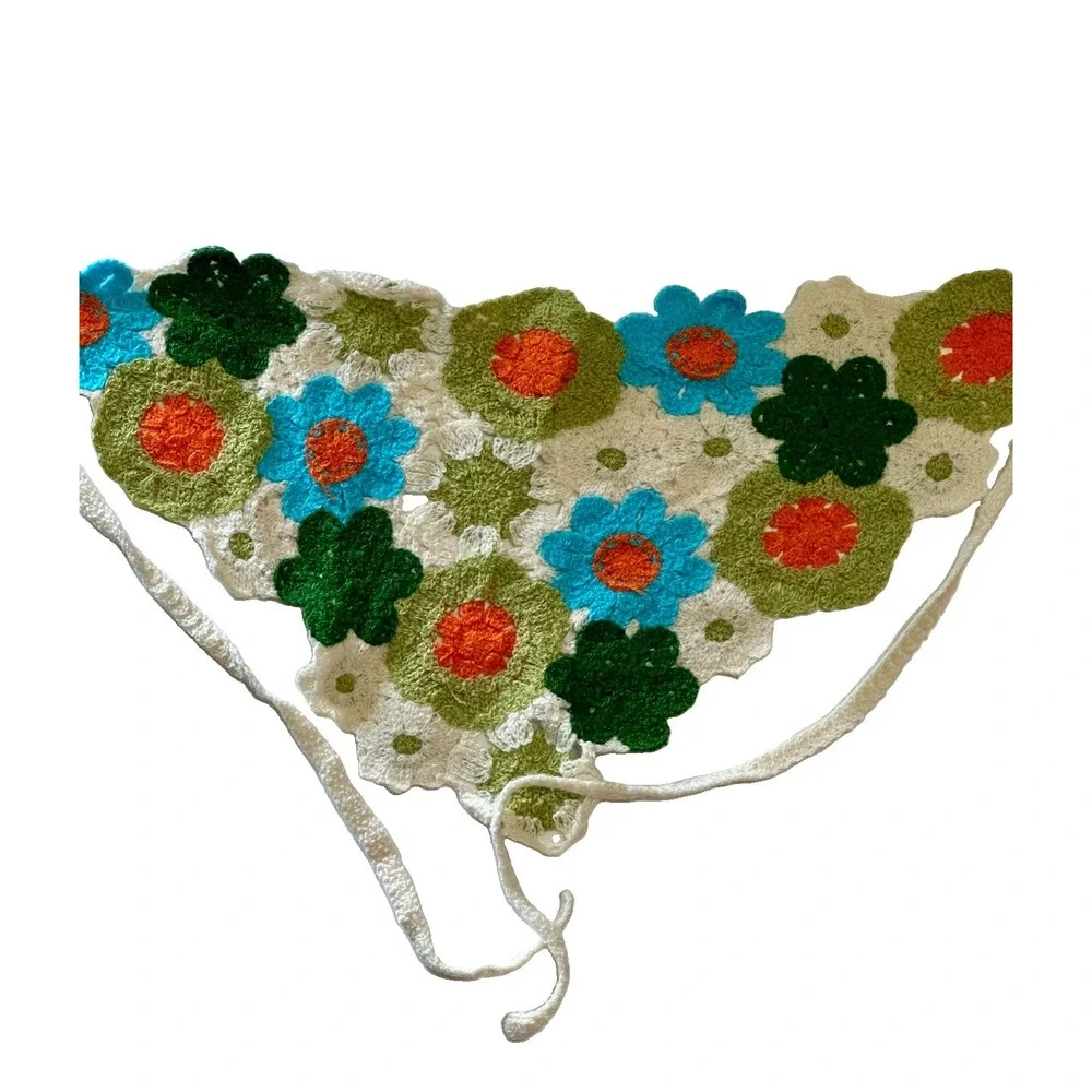 Handmade Crochet Floral Bandana Head Scarf Boho Retro Daisy Kerchief Tie Back